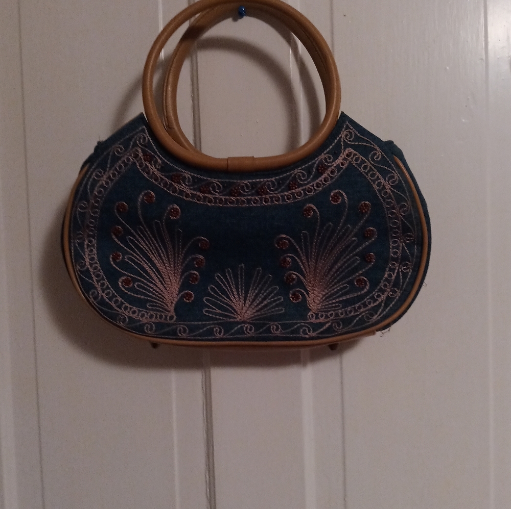 Small leather and denim hand bag